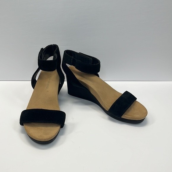 Lucky Brand Kanoa Sandals 7.5 Womens Black Tan Wedge Strappy Leather Open Toe - Picture 3 of 15